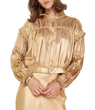 Current Air Satin Shirred Stand Collar Long Sleeve Zip Front Jacket