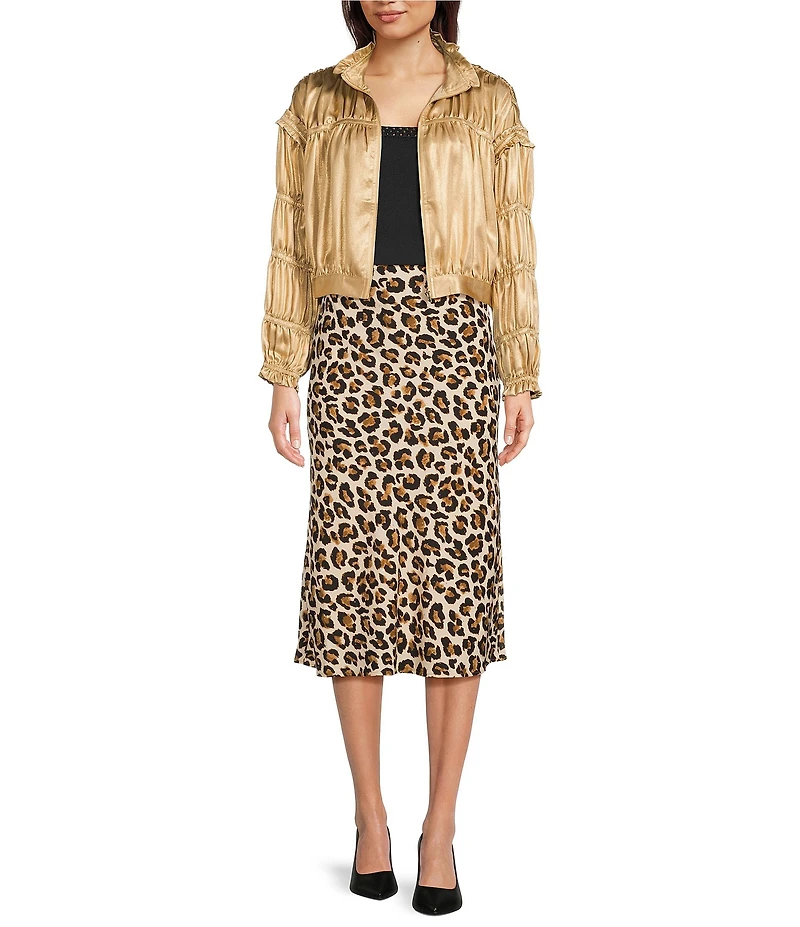 Current Air Satin Shirred Stand Collar Long Sleeve Zip Front Jacket