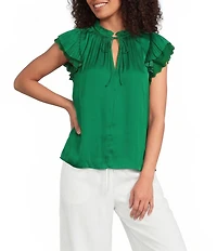 Current Air Satin Split Neck Ruffle Collar Double Layer Cap Flutter Lace Sleeve Top