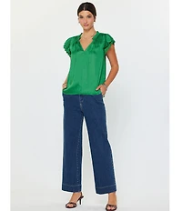 Current Air Satin Split Neck Ruffle Collar Double Layer Cap Flutter Lace Sleeve Top