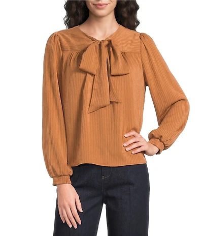Current Air Satin Striped Crinkled Georgette Bow Neck Long Sleeve Top