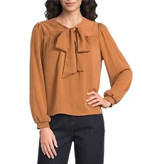 Current Air Satin Striped Crinkled Georgette Bow Neck Long Sleeve Top