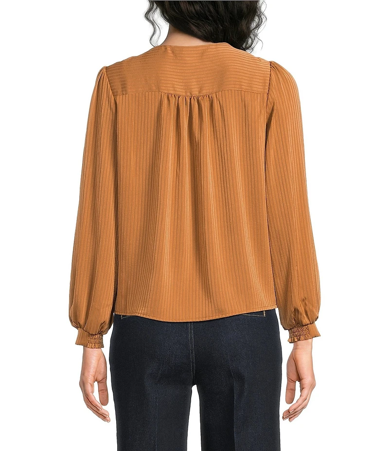 Current Air Satin Striped Crinkled Georgette Bow Neck Long Sleeve Top