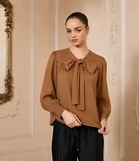 Current Air Satin Striped Crinkled Georgette Bow Neck Long Sleeve Top