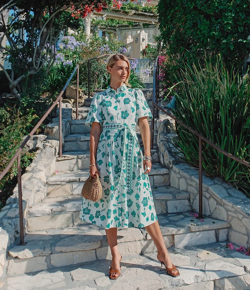 Current Air Seersucker Floral Print Point Collar Short Sleeve Button Front Belted A-Line Midi Dress