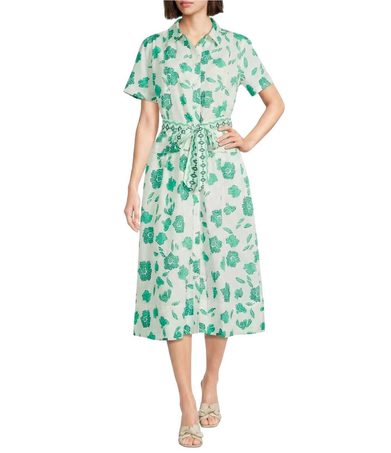 Current Air Seersucker Floral Print Point Collar Short Sleeve Button Front Belted A-Line Midi Dress