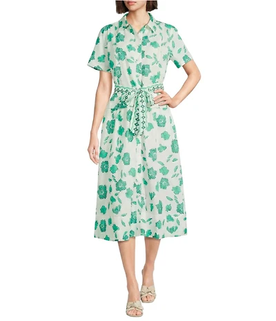Current Air Seersucker Floral Print Point Collar Short Sleeve Button Front Belted A-Line Midi Dress