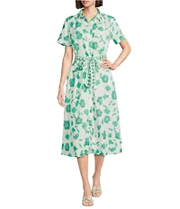 Current Air Seersucker Floral Print Point Collar Short Sleeve Button Front Belted A-Line Midi Dress