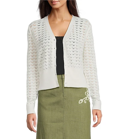Current Air Sheer Cotton Wool Blend Knit V-Neck Button Front Cardigan