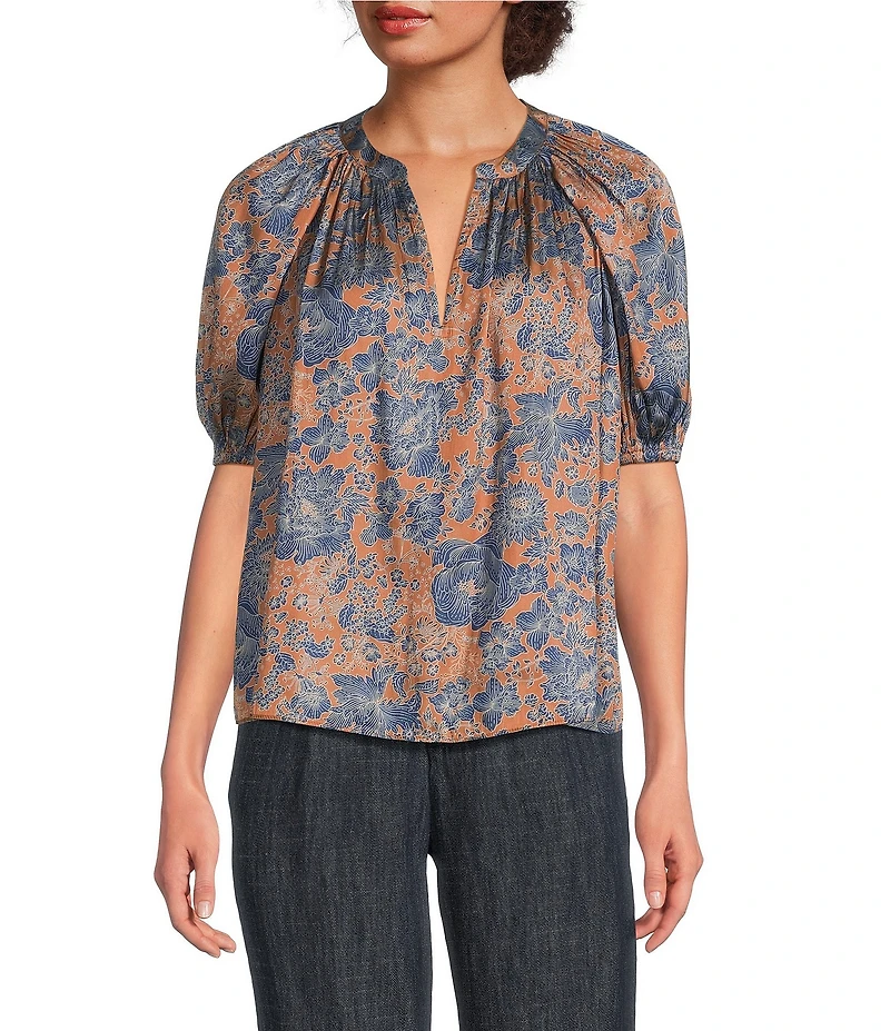 Current Air Split Neck Elbow Sleeve Gathered Detail Blouse