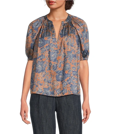 Current Air Split Neck Elbow Sleeve Gathered Detail Blouse