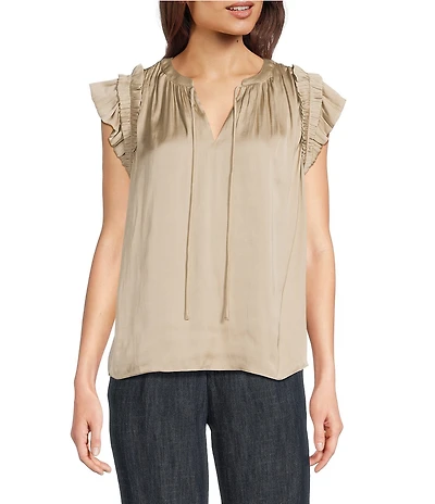 Current Air Split Tie V-Neck Flutter Sleeve Blouse