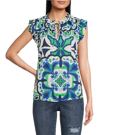 Current Air Split V-Neck Cap Sleeve Coordinating Woven Blouse