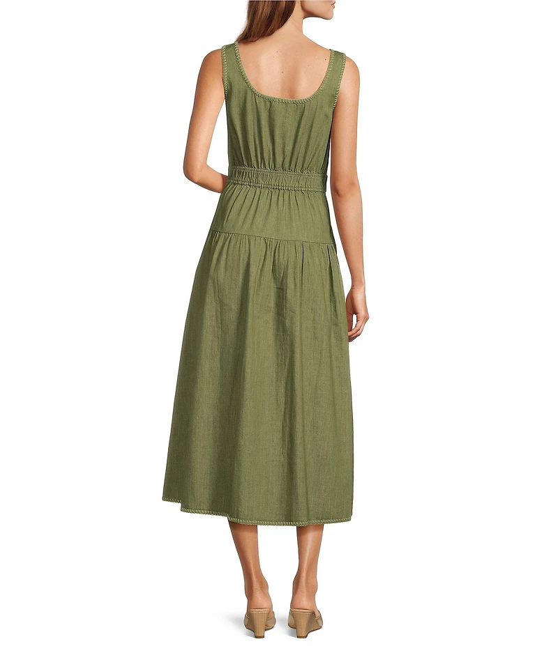 Current Air Square Neck Sleeveless Stitch Detail Button Front Midi Dress