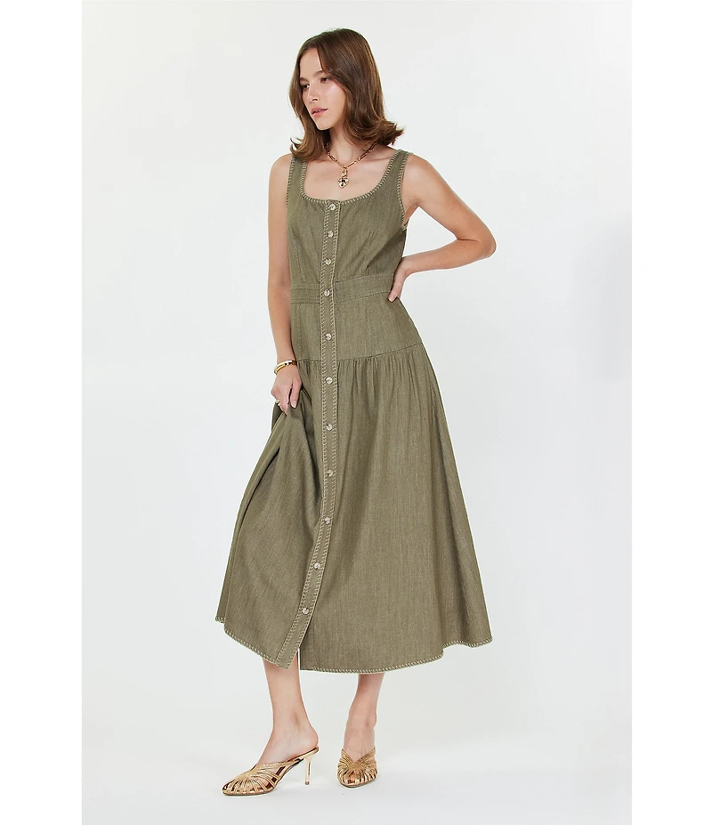 Current Air Square Neck Sleeveless Stitch Detail Button Front Midi Dress