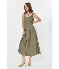 Current Air Square Neck Sleeveless Stitch Detail Button Front Midi Dress