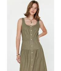 Current Air Square Neck Sleeveless Stitch Detail Button Front Midi Dress