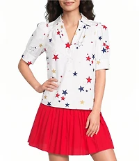 Current Air Star Print Cotton Poplin Collared Split V-Neck Short Puff Sleeve Top