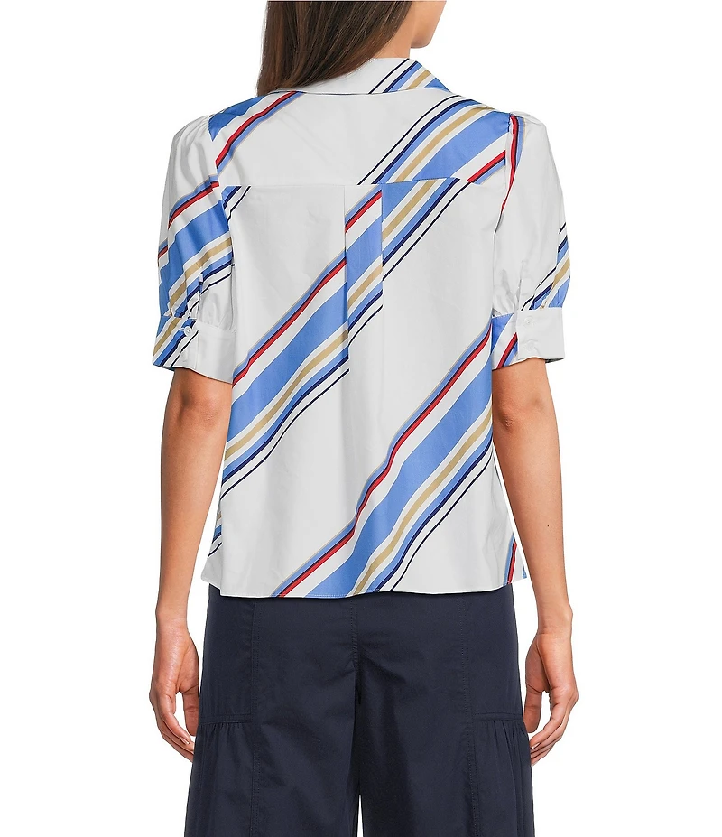 Current Air Stripe Cotton Poplin Collared Split V-Neck Short Puff Sleeve Top