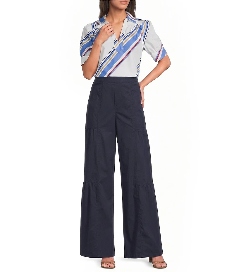 Current Air Stripe Cotton Poplin Collared Split V-Neck Short Puff Sleeve Top