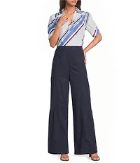 Current Air Stripe Cotton Poplin Collared Split V-Neck Short Puff Sleeve Top