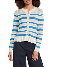 Current Air Striped Knit Crew Neck Long Sleeve Ruffle Hem Button Front Cardigan