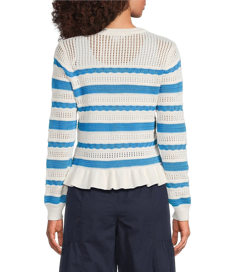 Current Air Striped Knit Crew Neck Long Sleeve Ruffle Hem Button Front Cardigan