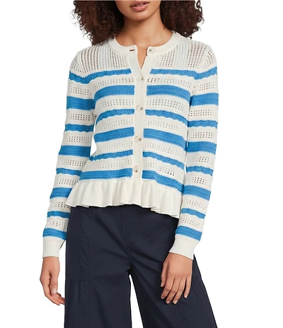 Current Air Striped Knit Crew Neck Long Sleeve Ruffle Hem Button Front Cardigan