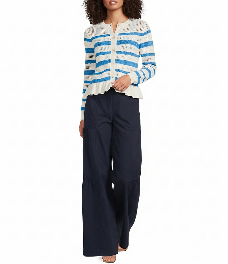 Current Air Striped Knit Crew Neck Long Sleeve Ruffle Hem Button Front Cardigan