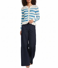 Current Air Striped Knit Crew Neck Long Sleeve Ruffle Hem Button Front Cardigan