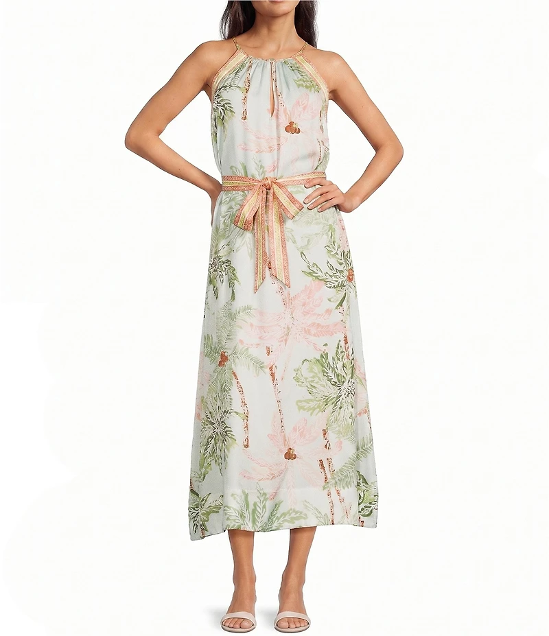 Current Air Tencel Split V-Neck Sleeveless Contrast Tie Waist A-Line Dress