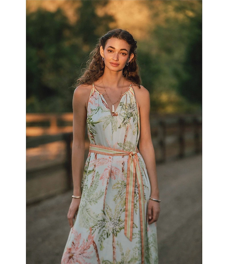 Current Air Tencel Split V-Neck Sleeveless Contrast Tie Waist A-Line Dress