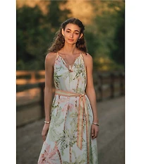 Current Air Tencel Split V-Neck Sleeveless Contrast Tie Waist A-Line Dress