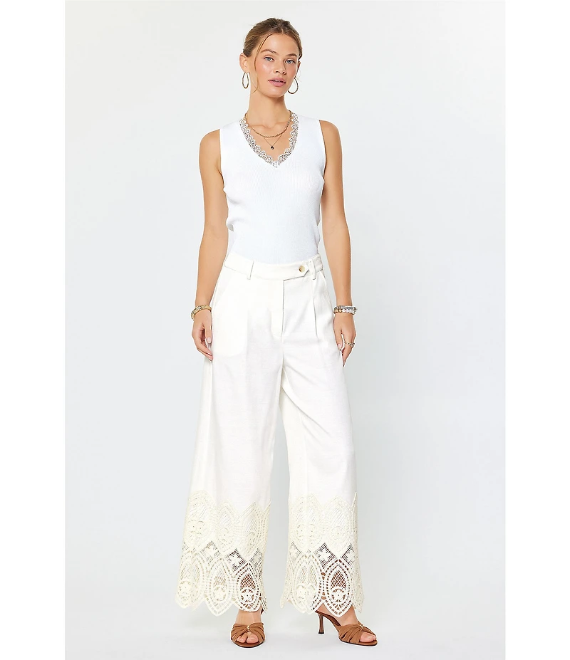 Current Air Twill Scalloped Eyelet Wide Leg Pants