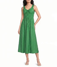 Current Air V-Neck Sleeveless Drawstring Smocked Waist Midi Dress
