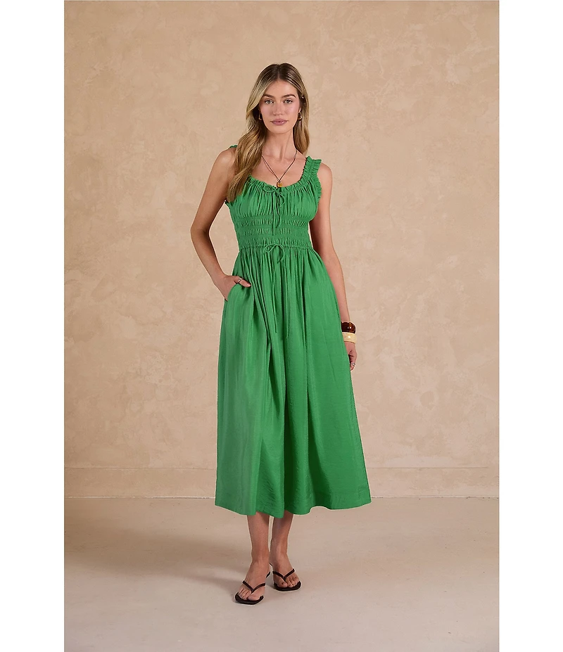 Current Air V-Neck Sleeveless Drawstring Smocked Waist Midi Dress
