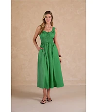 Current Air V-Neck Sleeveless Drawstring Smocked Waist Midi Dress