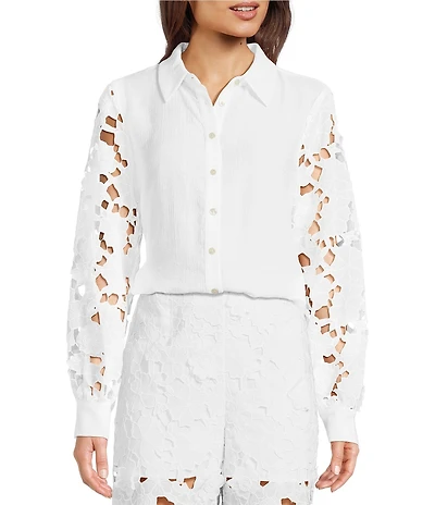 Current Air Woven 3D Floral Lace Point Collar Long Sleeve Relaxed Fit Button Front Coordinating Shirt