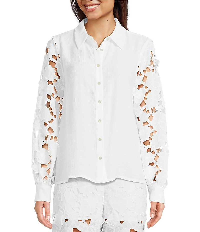 Current Air Woven 3D Floral Lace Point Collar Long Sleeve Relaxed Fit Button Front Coordinating Shirt