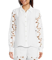 Current Air Woven 3D Floral Lace Point Collar Long Sleeve Relaxed Fit Button Front Coordinating Shirt