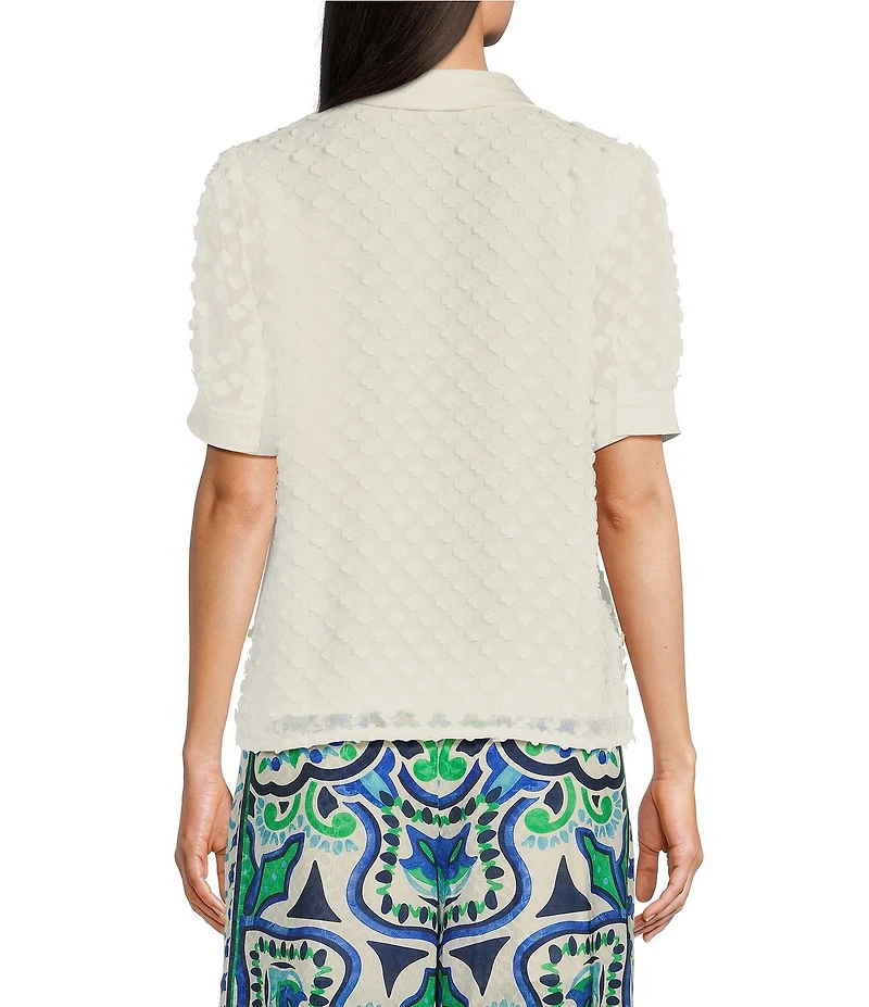 Current Air Woven Embellish 3D Floral Spread Collar V-Neck Short Sleeves Button Front Blouse