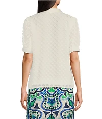 Current Air Woven Embellish 3D Floral Spread Collar V-Neck Short Sleeves Button Front Blouse
