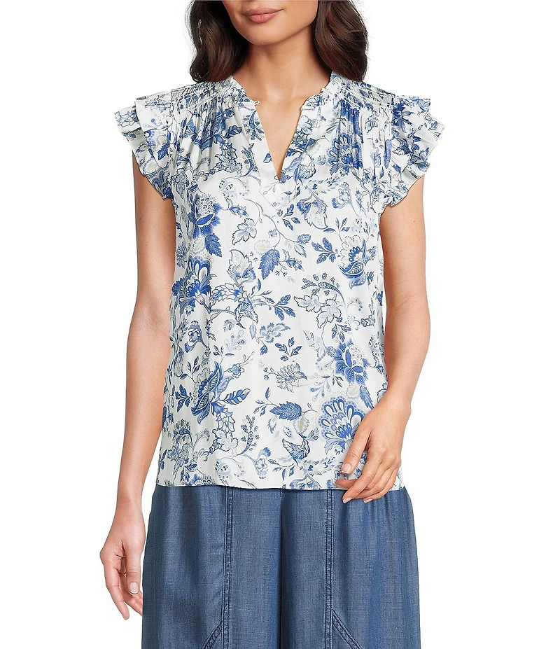 Current Air Woven Floral Print Ruffle Collar Short Sleeves Smoke Yoke Blouse