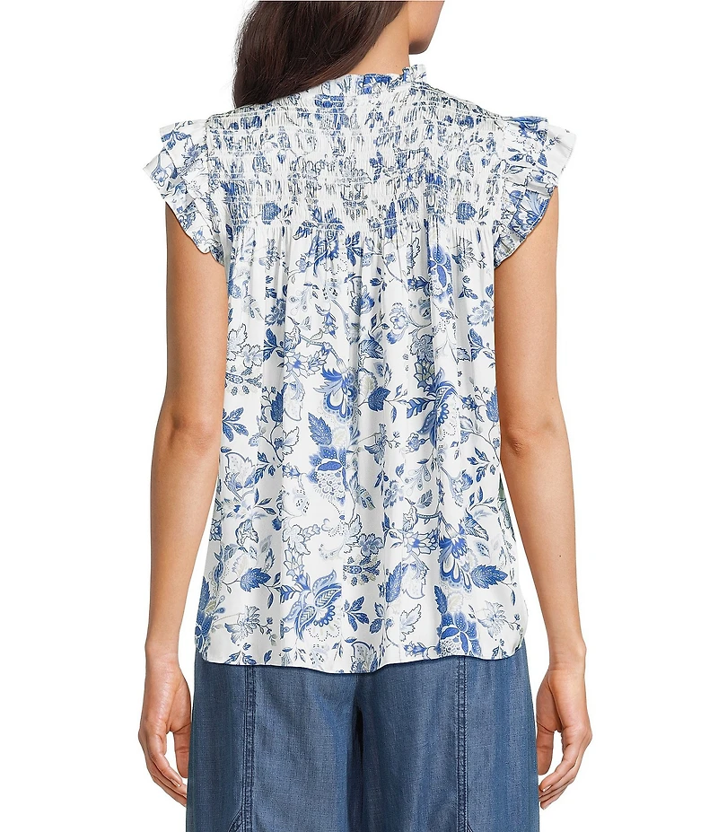 Current Air Woven Floral Print Ruffle Collar Short Sleeves Smoke Yoke Blouse