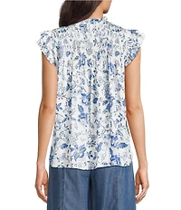 Current Air Woven Floral Print Ruffle Collar Short Sleeves Smoke Yoke Blouse