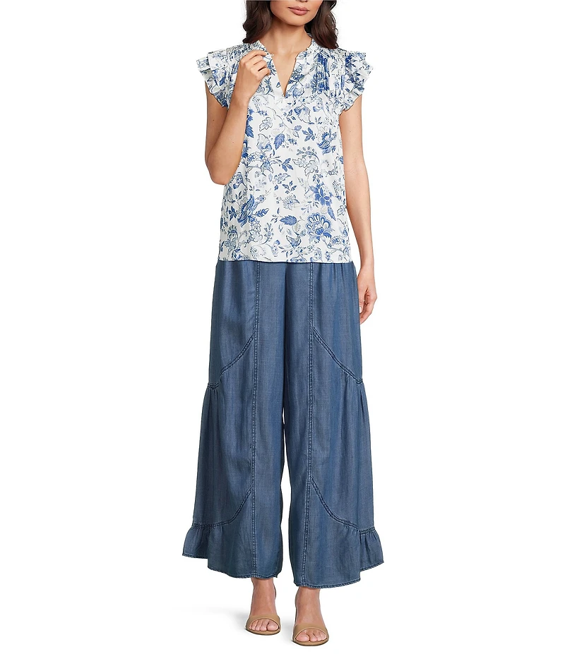 Current Air Woven Floral Print Ruffle Collar Short Sleeves Smoke Yoke Blouse