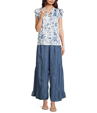 Current Air Woven Floral Print Ruffle Collar Short Sleeves Smoke Yoke Blouse