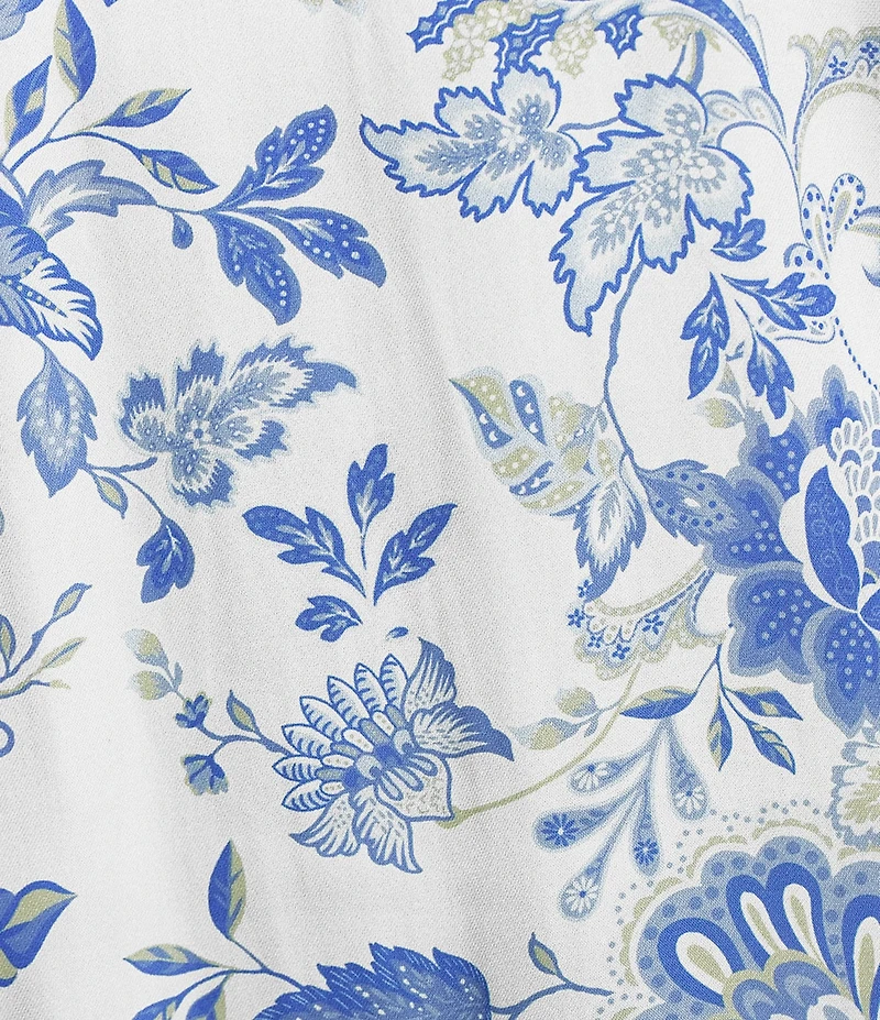 Current Air Woven Floral Print Ruffle Collar Short Sleeves Smoke Yoke Blouse