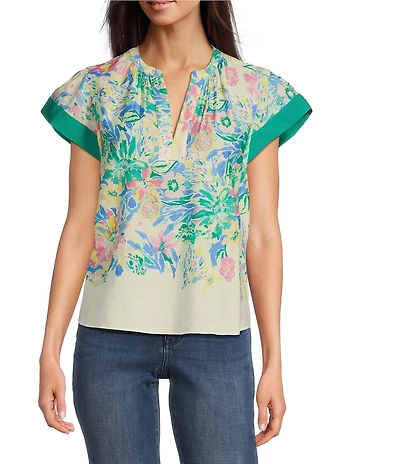 Current Air Woven Floral Print Split Neck Flutter Sleeve Contrast Trim Blouse