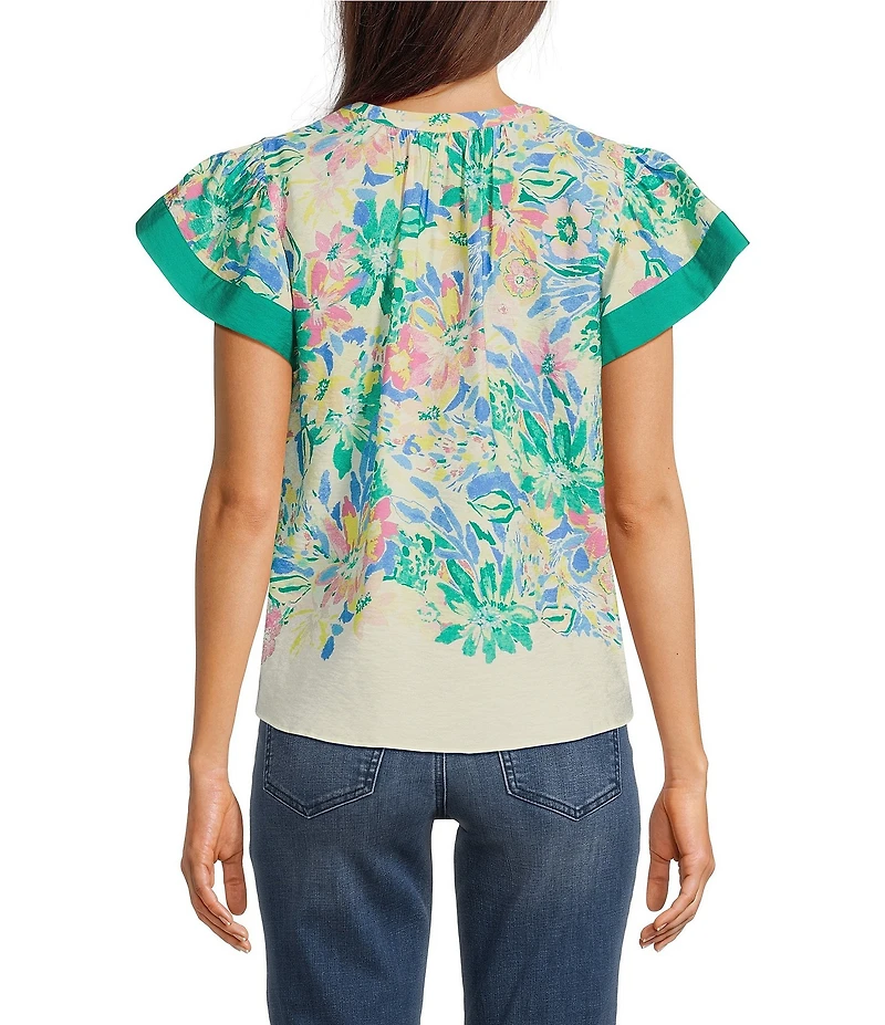 Current Air Woven Floral Print Split Neck Flutter Sleeve Contrast Trim Blouse